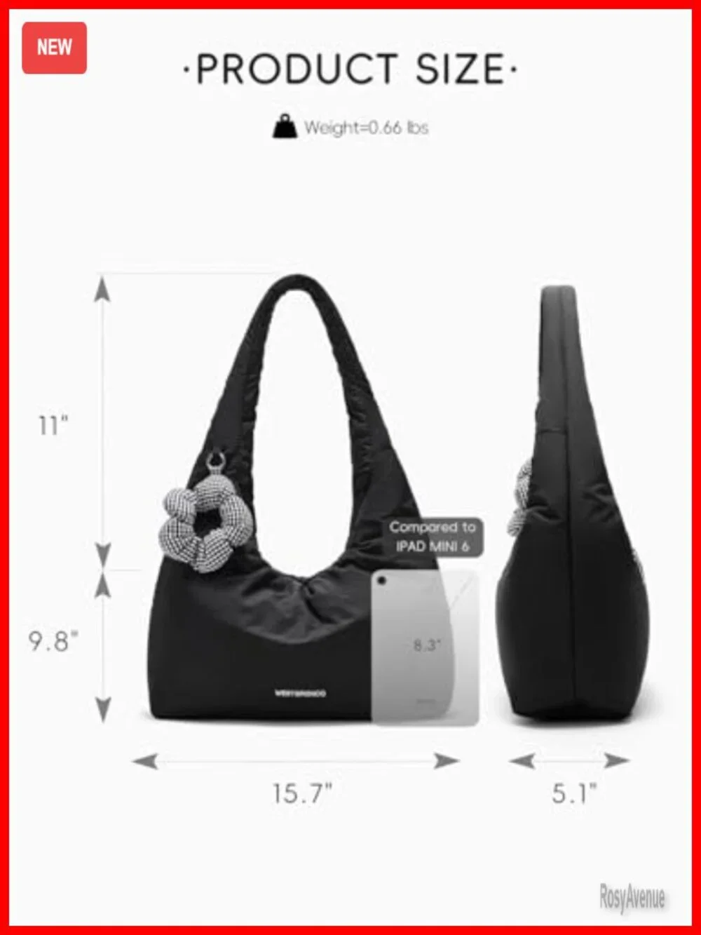 Puffer Hobo Shoulder Bag Medium Laptop Tote with Charm